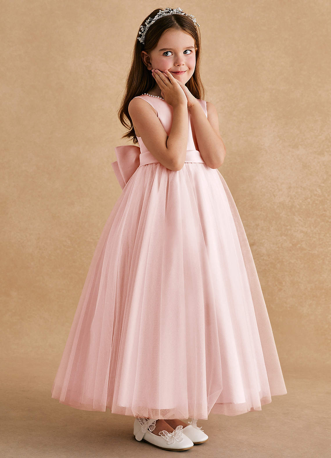 Azazie Cookie Flower Girl Dresses Blushing Pink A-Line Bow Tulle Dress image2