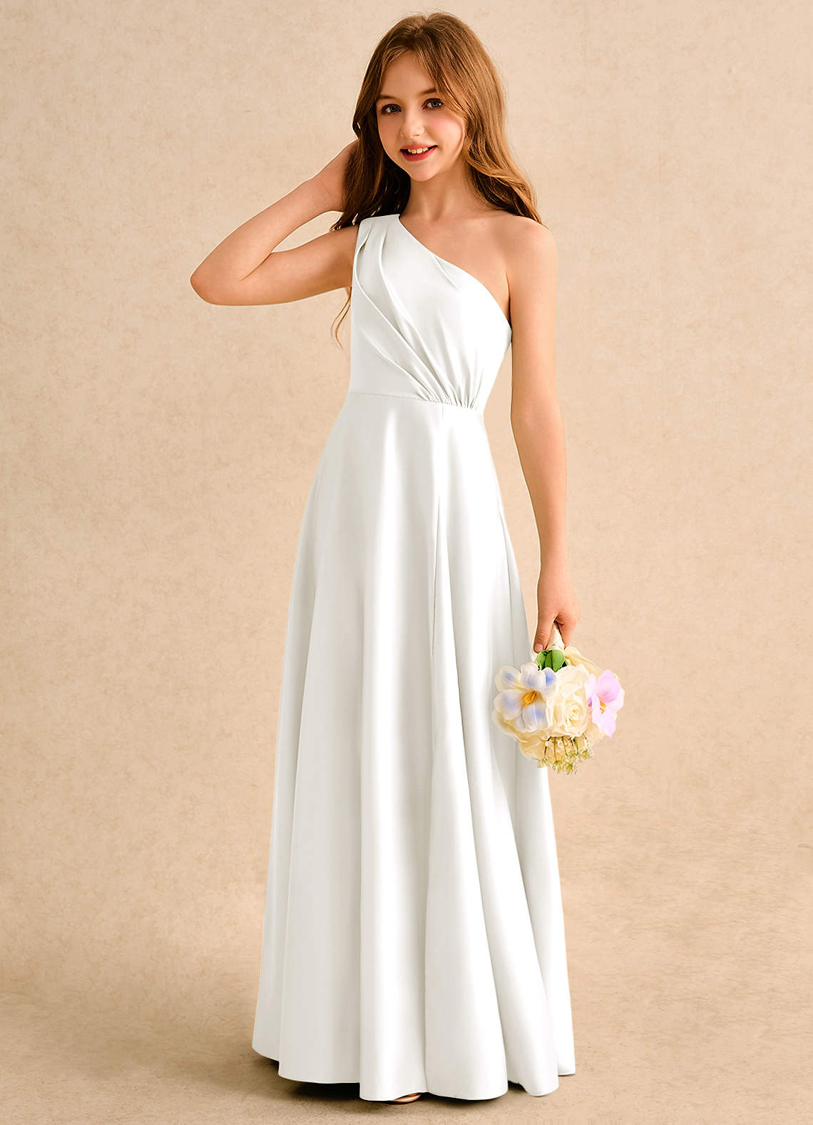 Azazie Puddles Girls Formal Flower Girl Dresses Ivory A-Line One Shoulder Matte Satin Dress image5