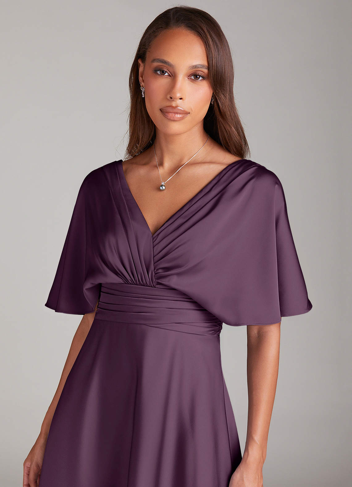 Azazie Pamela Bridesmaid Dresses Plum A-Line Pleated Stretch Satin Dress image4
