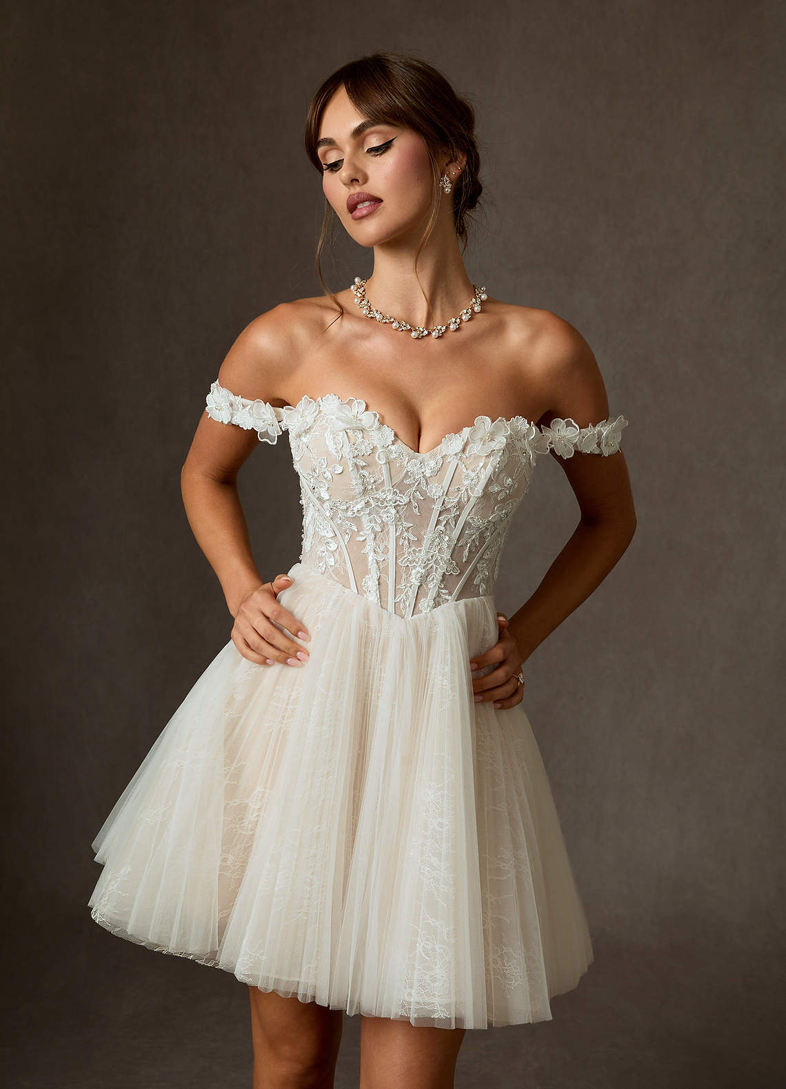 Azazie Sorel Trouwjurken Jurk van Kant met Baljurk Off the Shoulder Diamant Wit Champagne image4