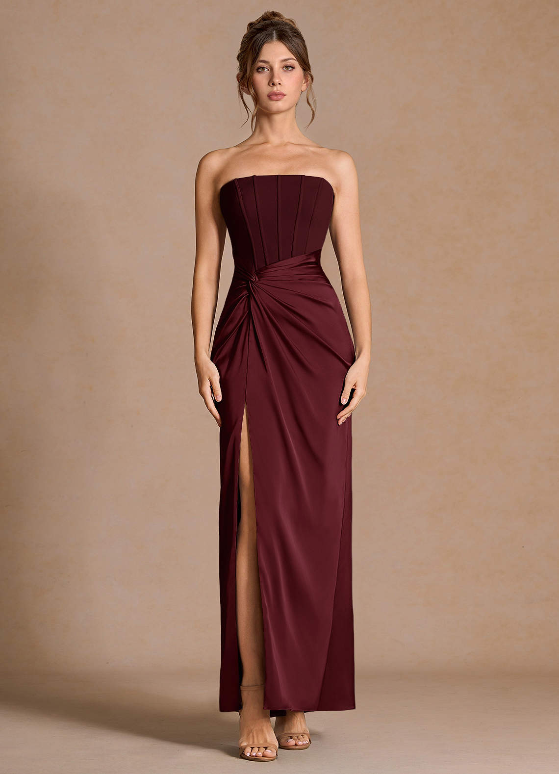 Azazie Plus Size Floor-Length Maxi Dresses Column Wedding Guest Formal Dresses Strapless Ruffles Wine