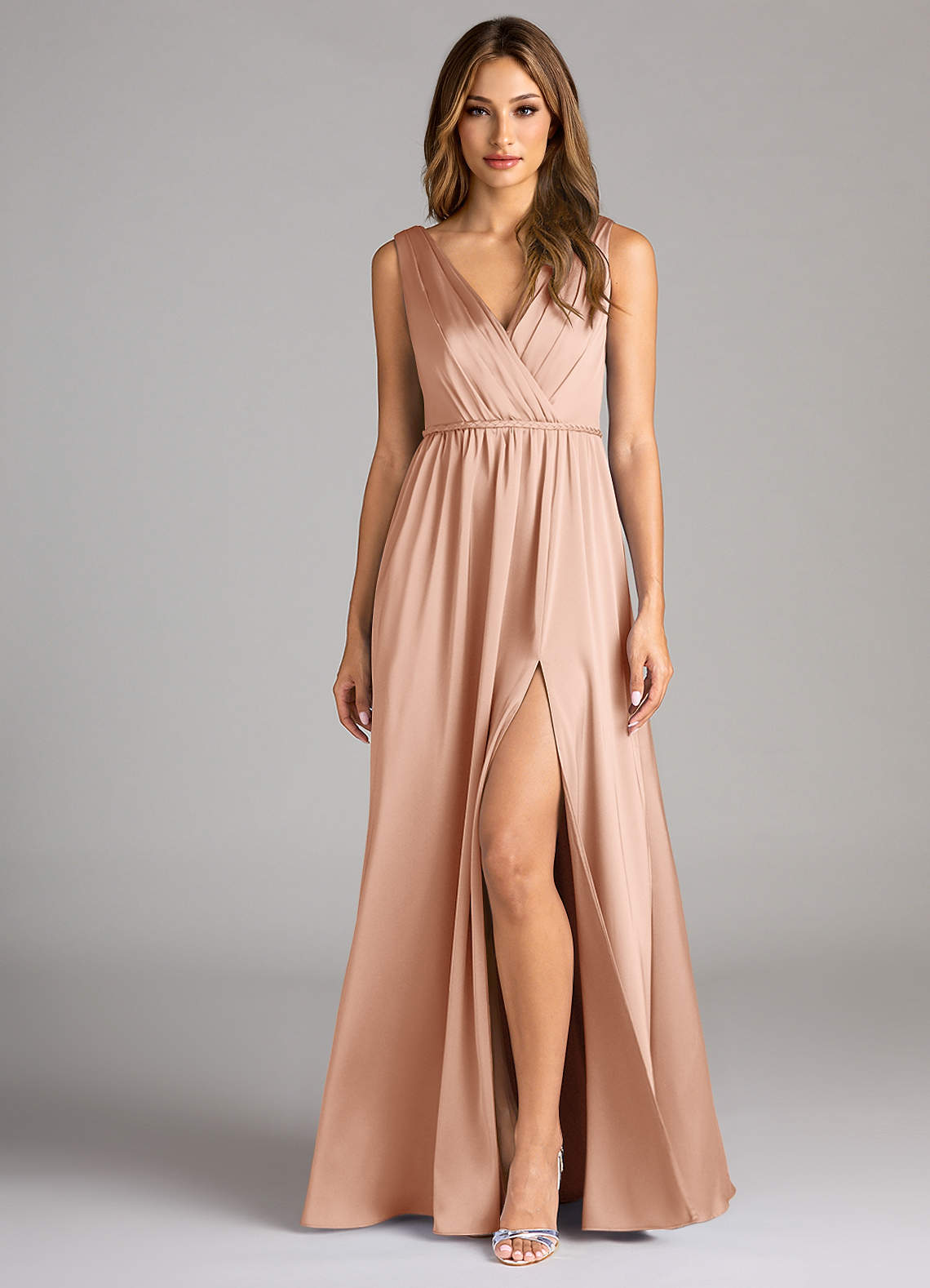 Azazie Tanicia Brautjungfernkleider A-Linie Plissee Stretch-Satin Kleid Roségold image1
