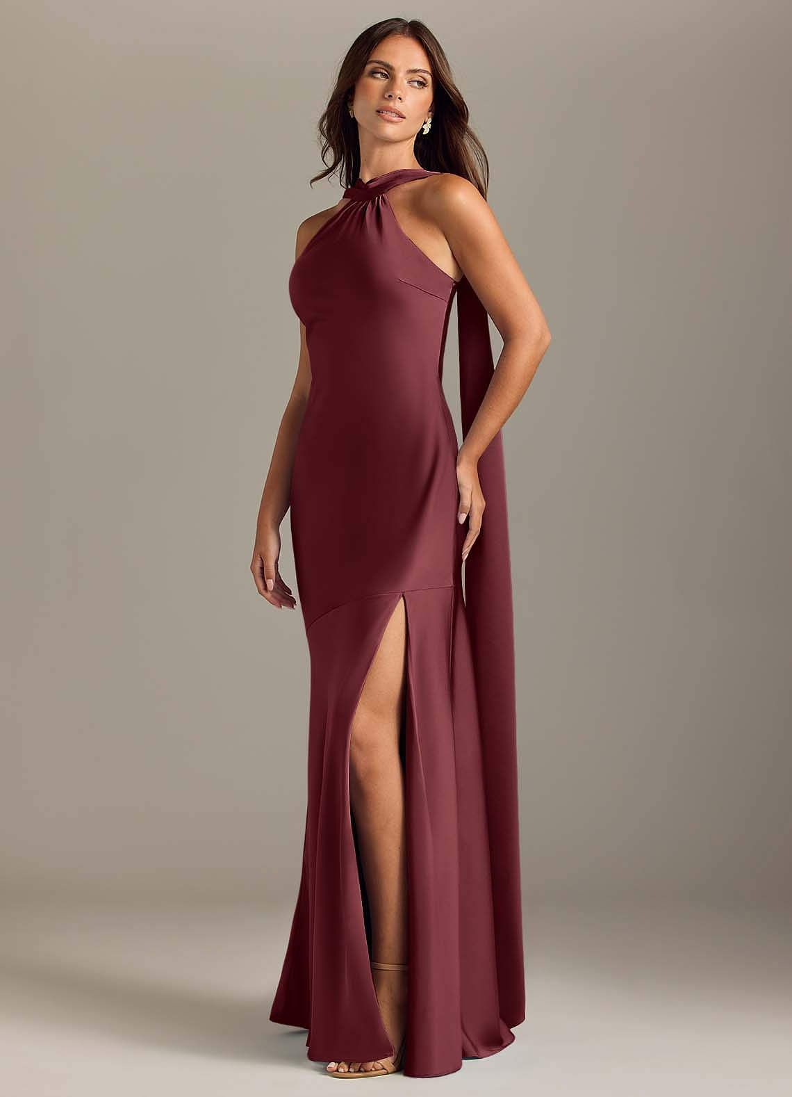 merlot color bridesmaid dresses Azazie Plus Size Mermaid Halter Neck Floor-Length Stretch Satin Color:BANANA GRAPES BLUE