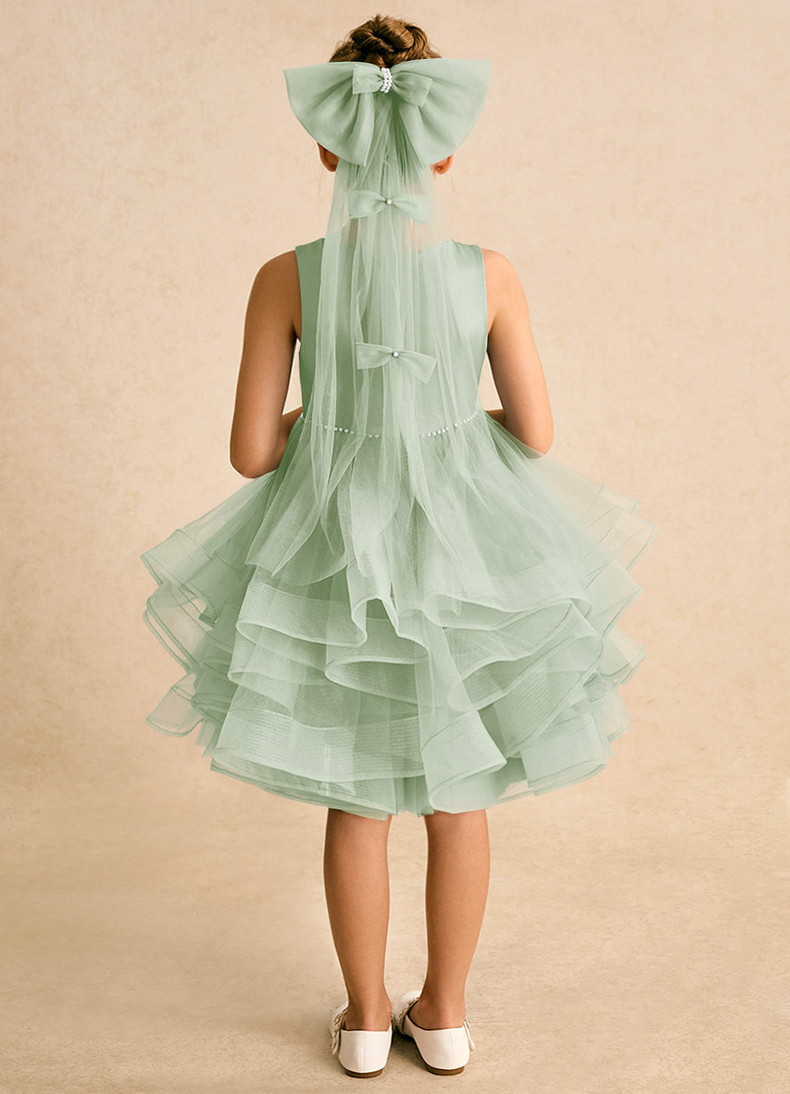 Azazie Tinie Flower Girl Dresses Dusty Sage Ball-Gown Bow Tulle Dress image5