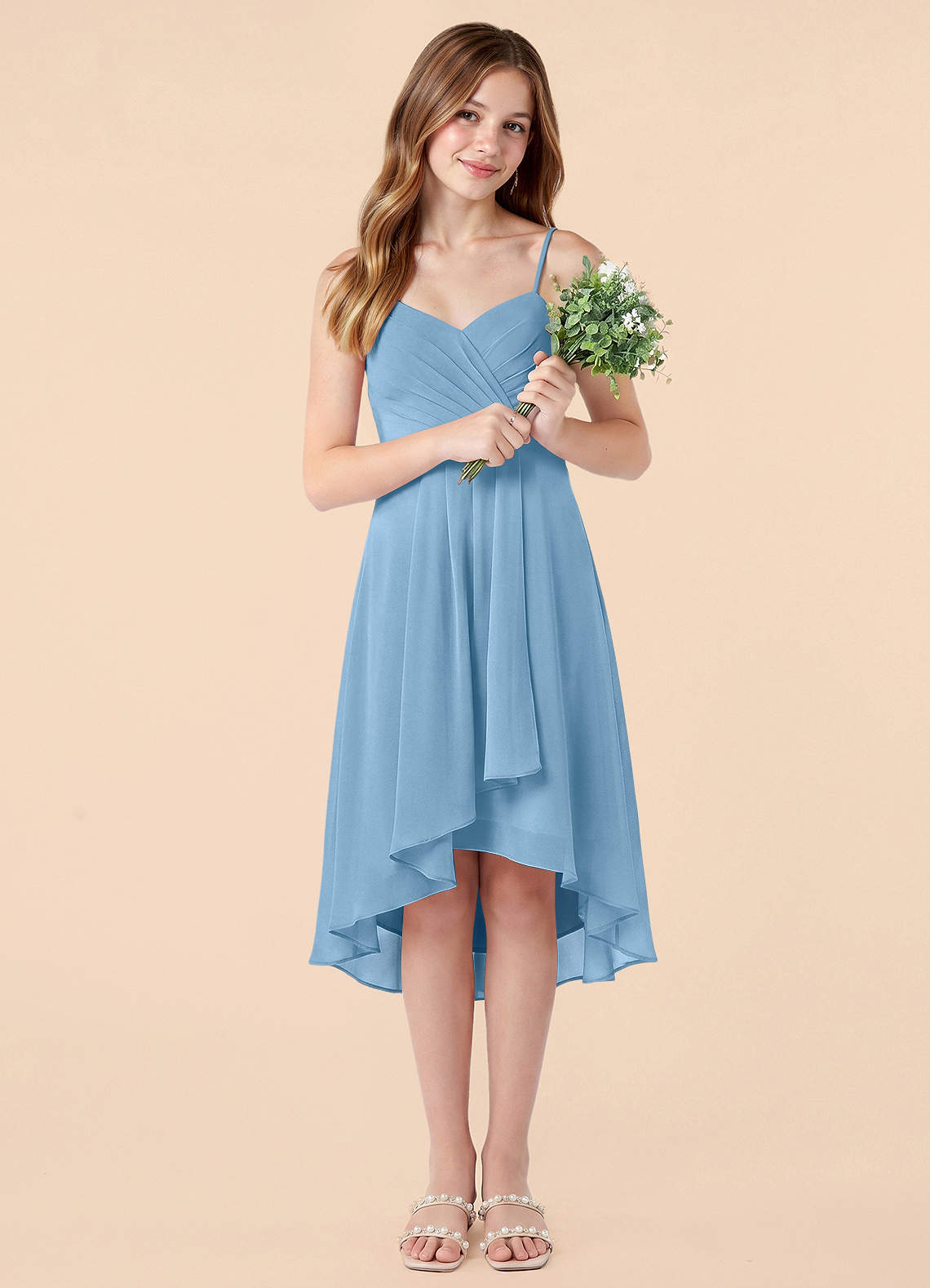 junior bridesmaid dresses tea length Halter Straps Tea Length Chiffon Junior Bridesmaid Dress, Dusty_Blue