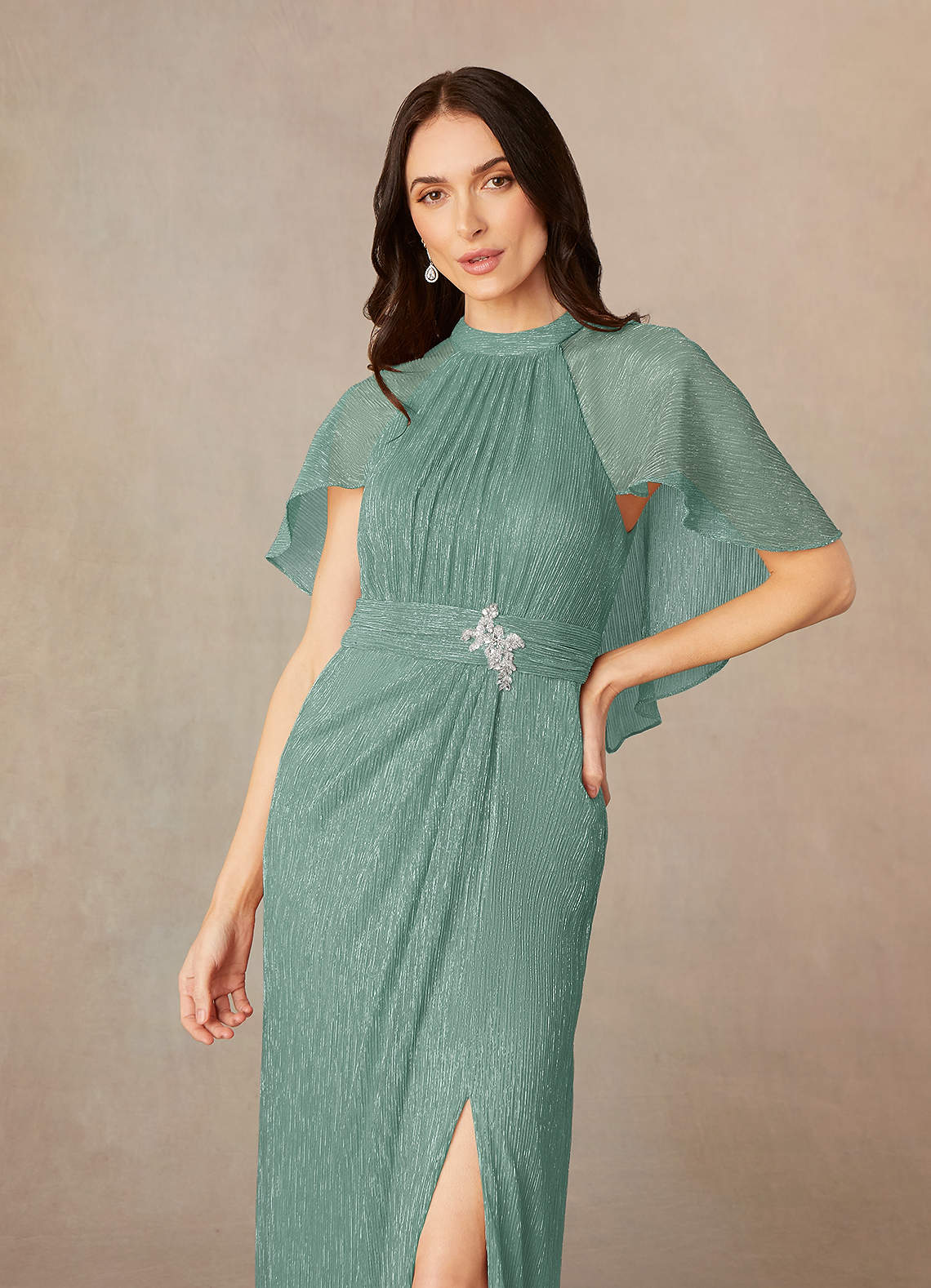 Azazie Draga Mother of the Bride Dresses Aquamarine Sheath Pleated Metallic Mesh Dress image2