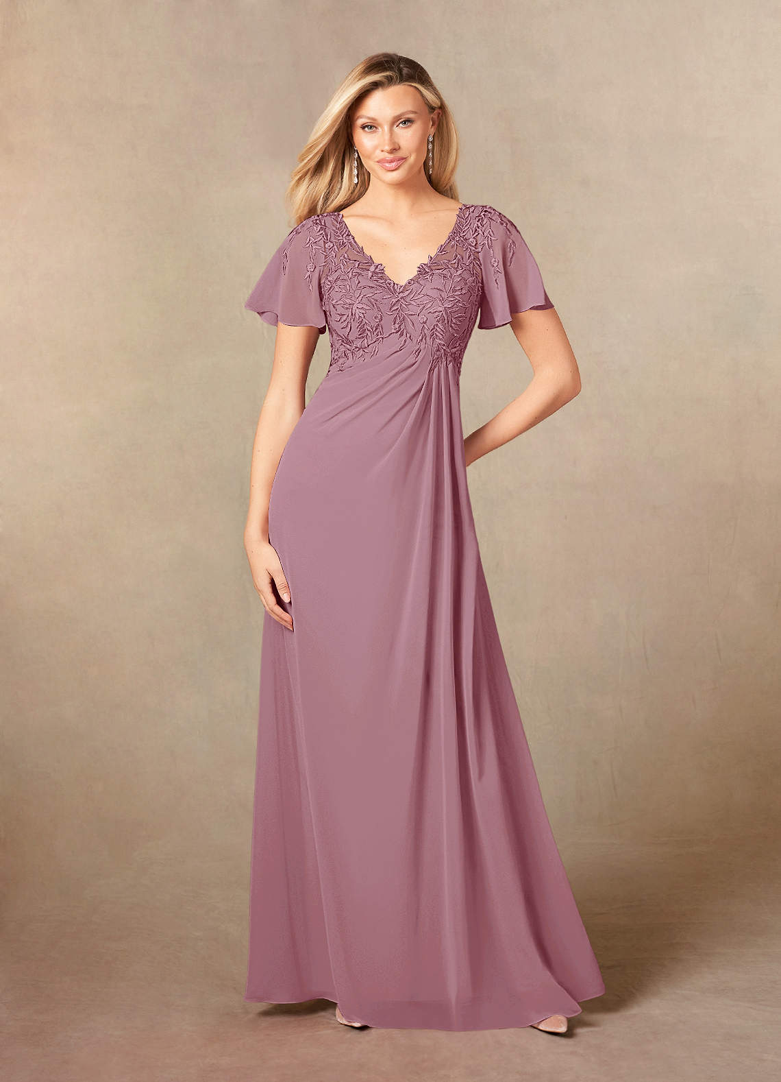 Azazie Holga Mother of the Bride Dresses Vintage Mauve A-Line V-Neck Lace Chiffon Dress image1