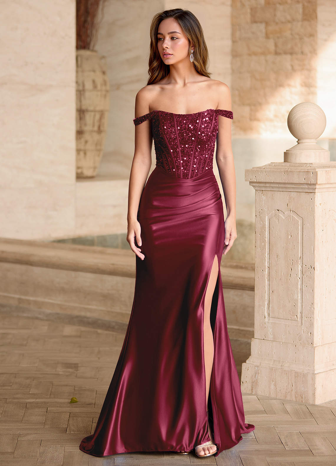 Azazie Burgundy Corset Sequins Off The Shoulder Formal Dress