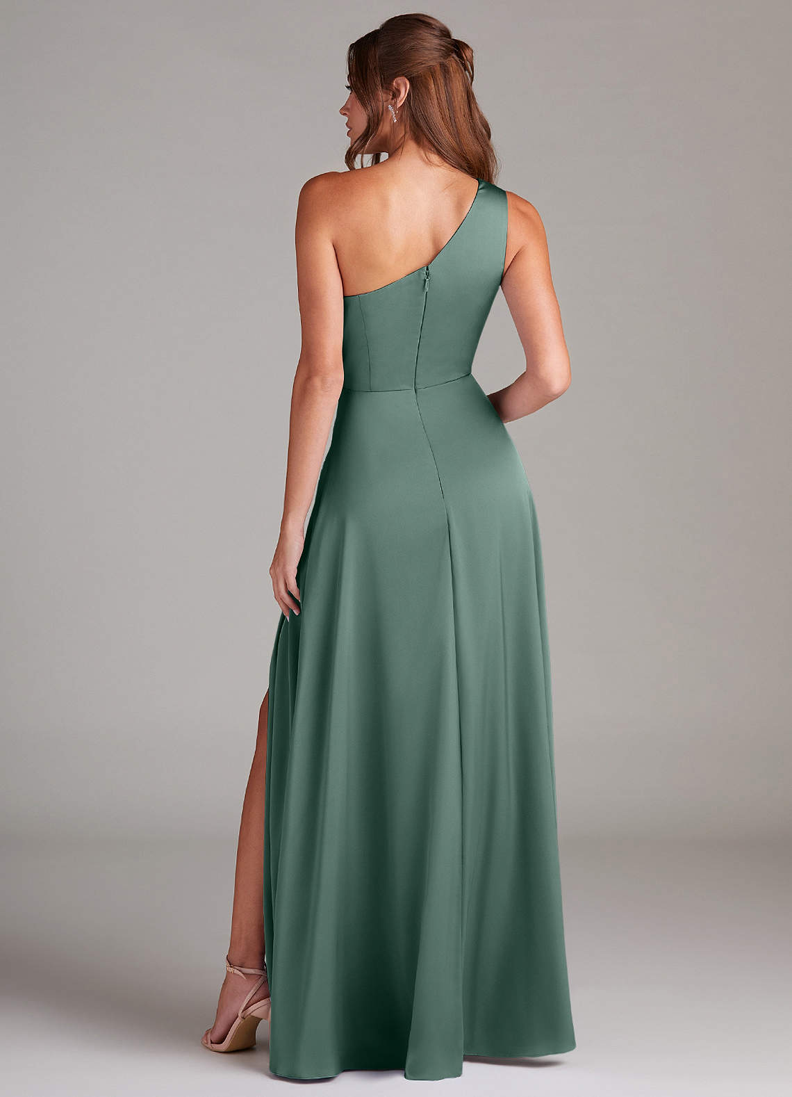 Azazie Brooke Bridesmaid Dresses Eucalyptus A-Line One Shoulder Stretch Satin Dress image6