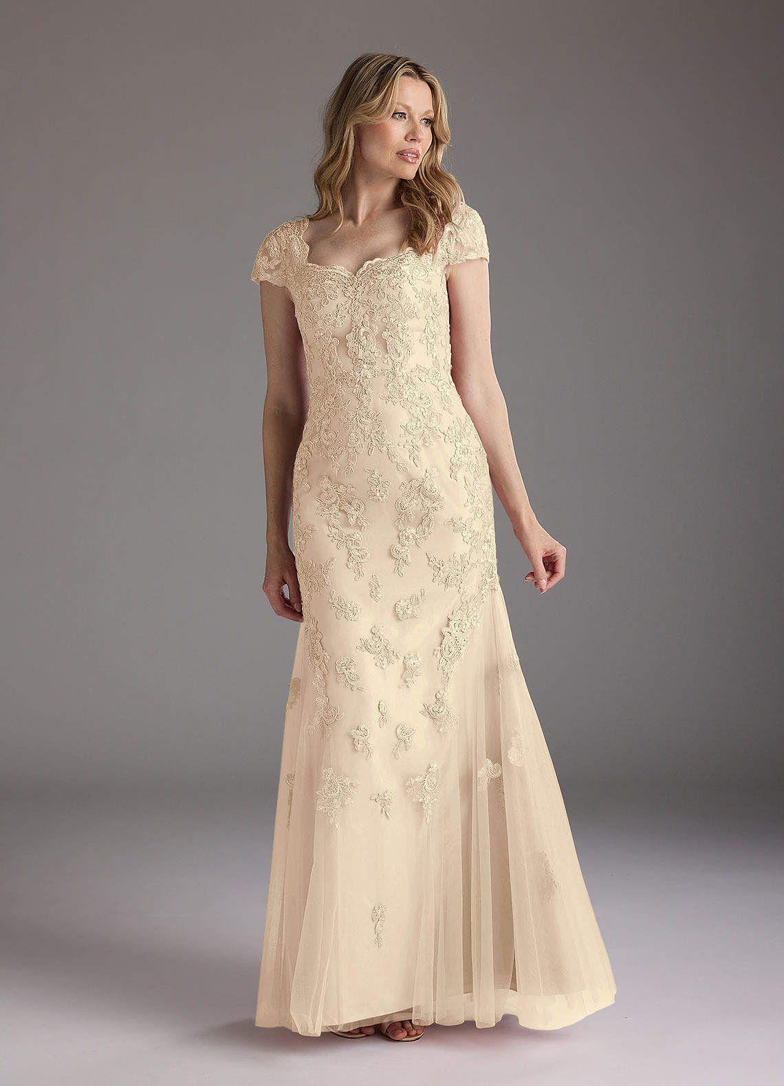 Azazie Marbella Mother of the Bride Dresses Champagne Mermaid Queen Anne Sequins Lace Dress image1