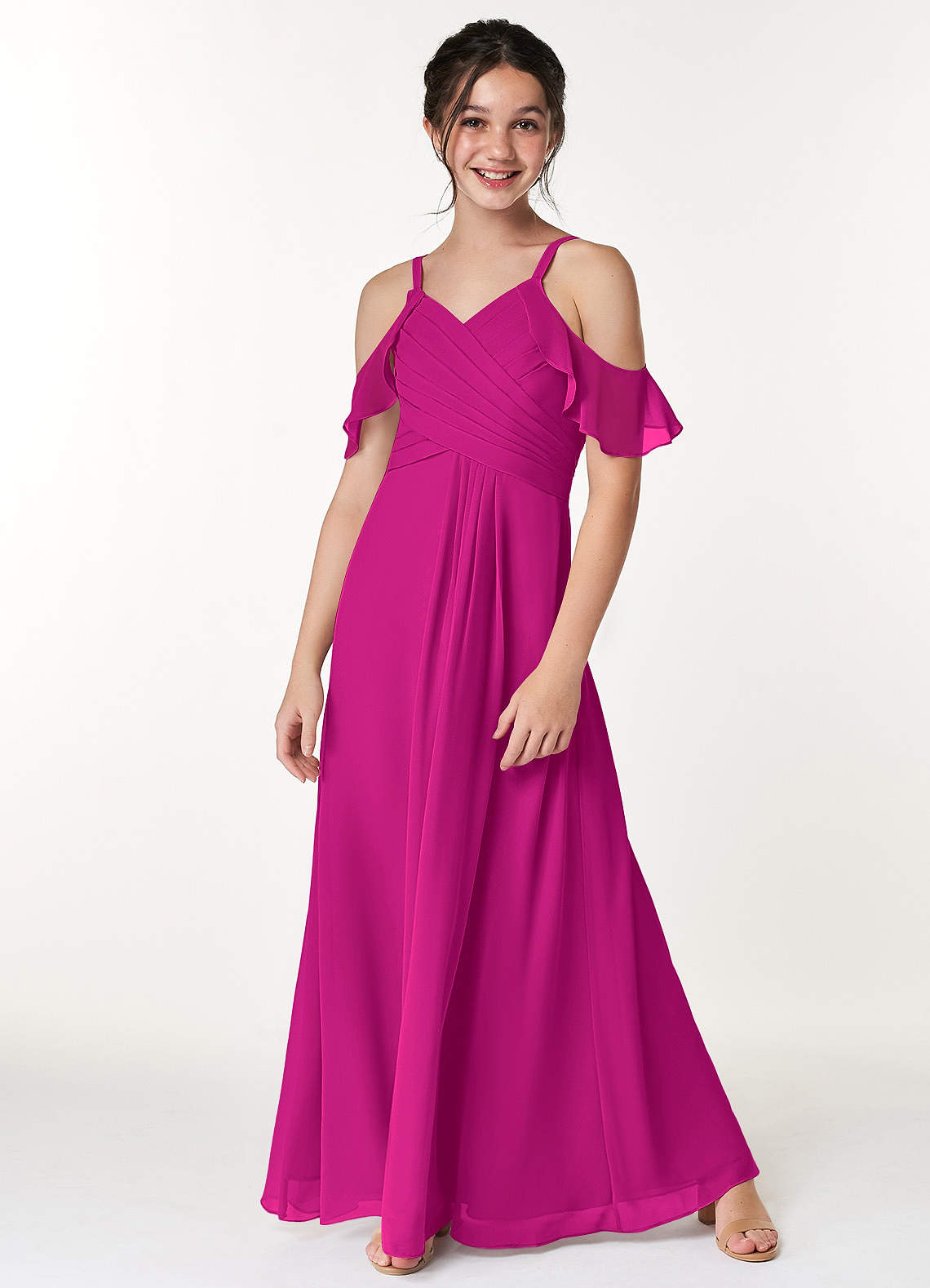 Azazie Dakota Junior Fuchsia A-Line Off the Shoulder Chiffon Dress image3