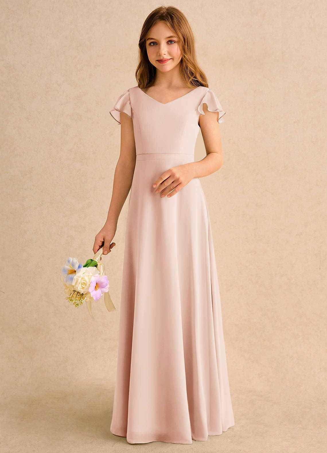 Azazie Nari Girls Formal Flower Girl Dresses English Rose A-Line with Sleeves Chiffon Dress image3