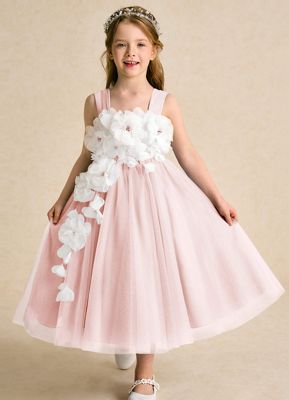 Azazie Dovey vestidos de niña de las flores Vestido de Rosa Rubor de Tul de Princesa con Lazo image1