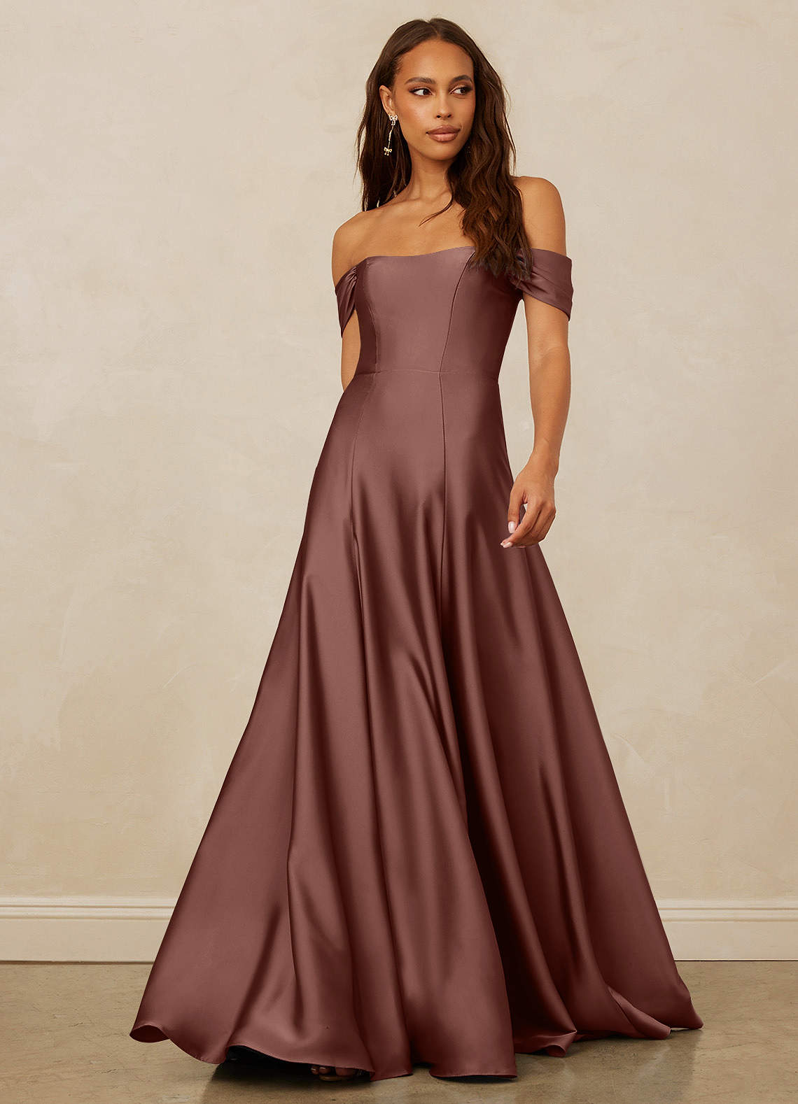 Christian Siriano Bridal for Azazie 1002 Bridesmaid Dresses Espresso A-Line Off the Shoulder Stretch Satin Convertible Dress image1