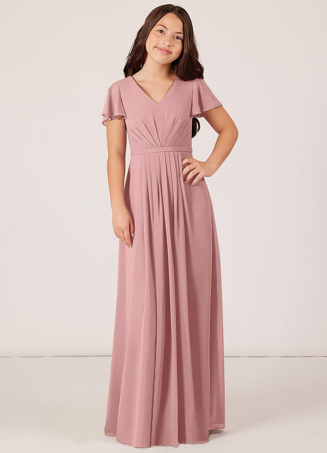 Azazie Peony Junior Dusty Rose A-Line Pleated Chiffon Dress image1