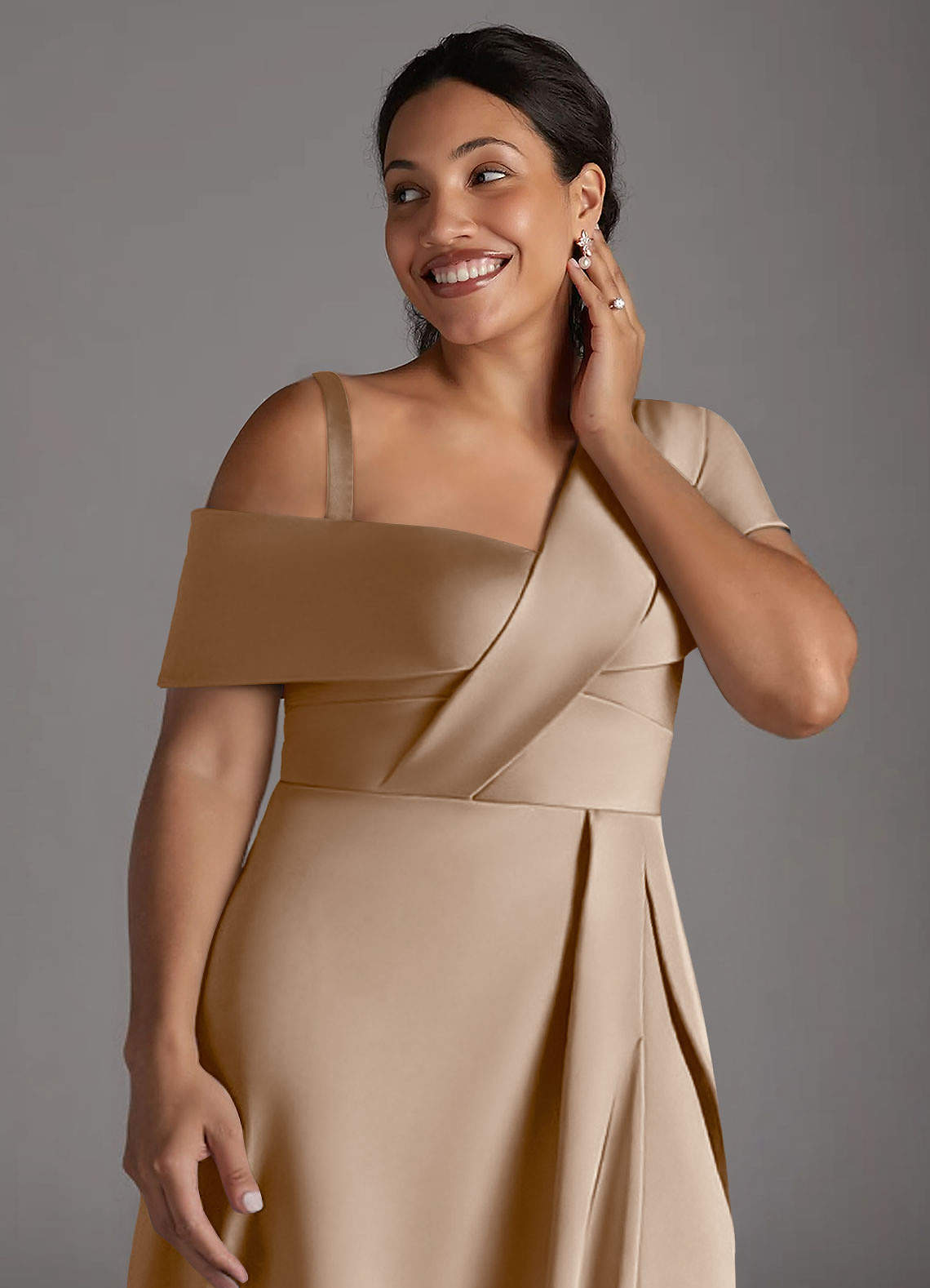 Azazie Milton Mother of the Bride Dresses Taupe A-Line Pleated Stretch Satin Dress image13