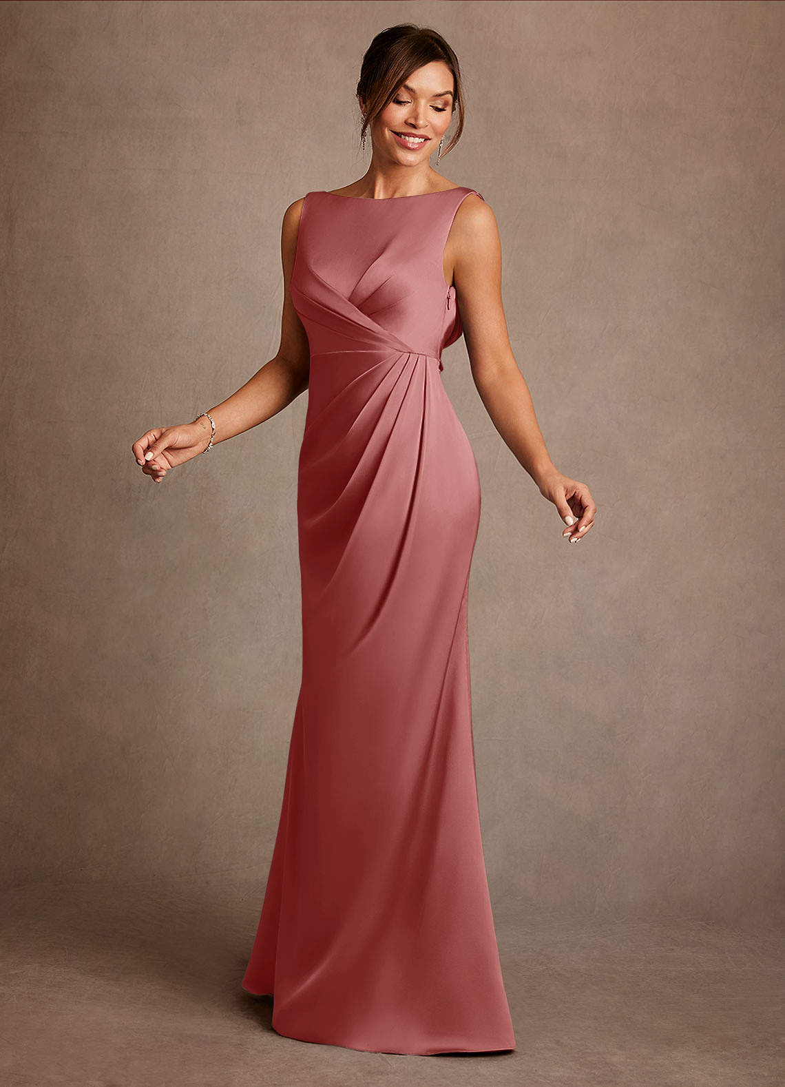 Azazie Baltimore Mother of the Bride Dresses Antique Rose A-Line Pleated Stretch Satin Dress image2
