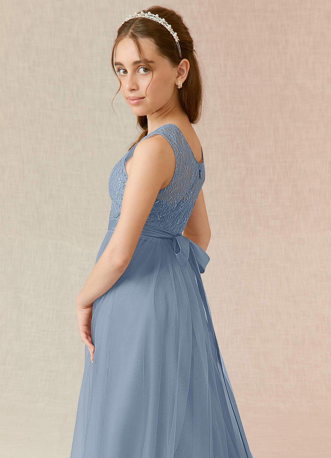 Azazie Georgette Junior Dusty Blue A-Line Lace Tulle Dress image5