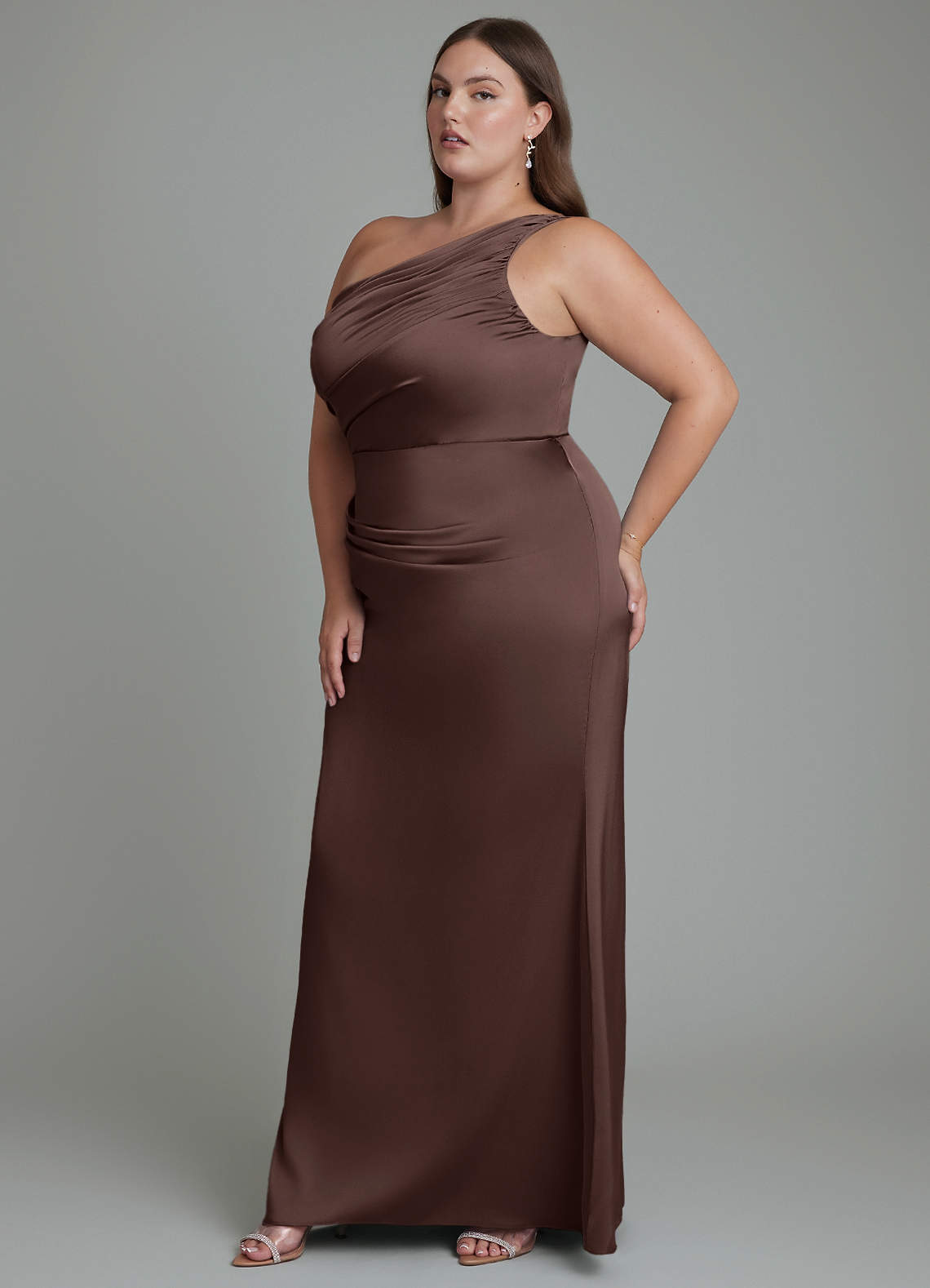 Azazie Akilah Bridesmaid Dresses Ganache Mermaid One Shoulder Stretch Satin Dress image10
