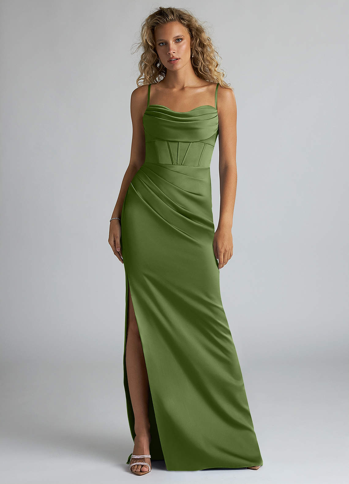 Azazie Mai Bridesmaid Dresses Juniper Sheath Pleated Stretch Satin Dress image1