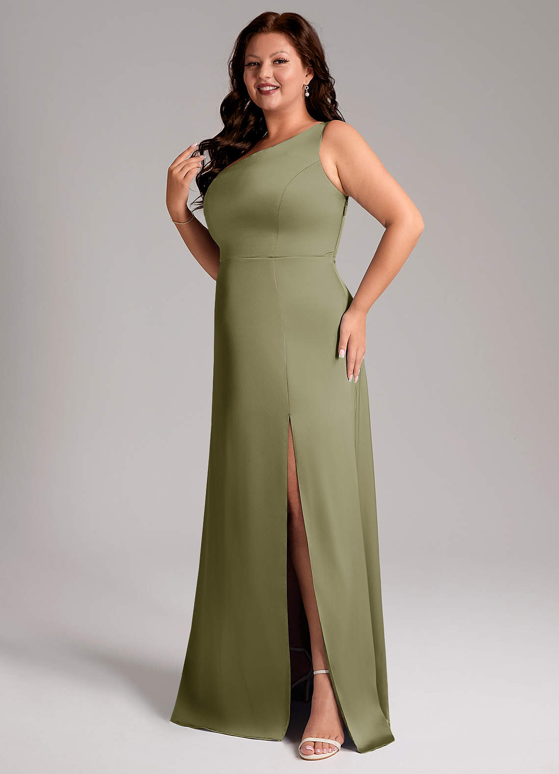 Azazie Phaedra Vestidos de damas de honor Vestido de Pistacho de Satén Elástico de Corte en A con Hombro unilateral image11