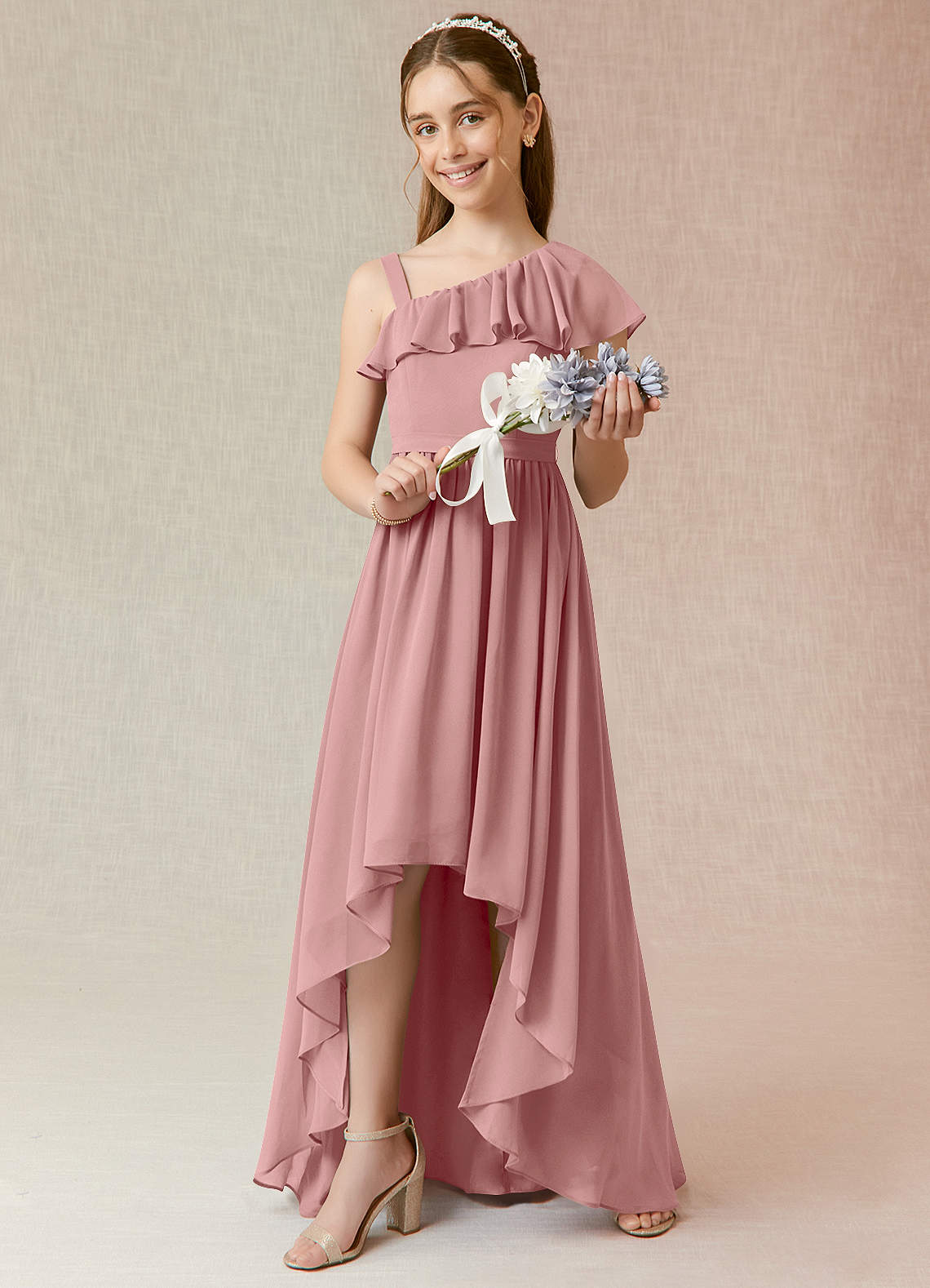 Azazie Mango Junior Dusty Rose A-Line Ruched Chiffon Dress image1