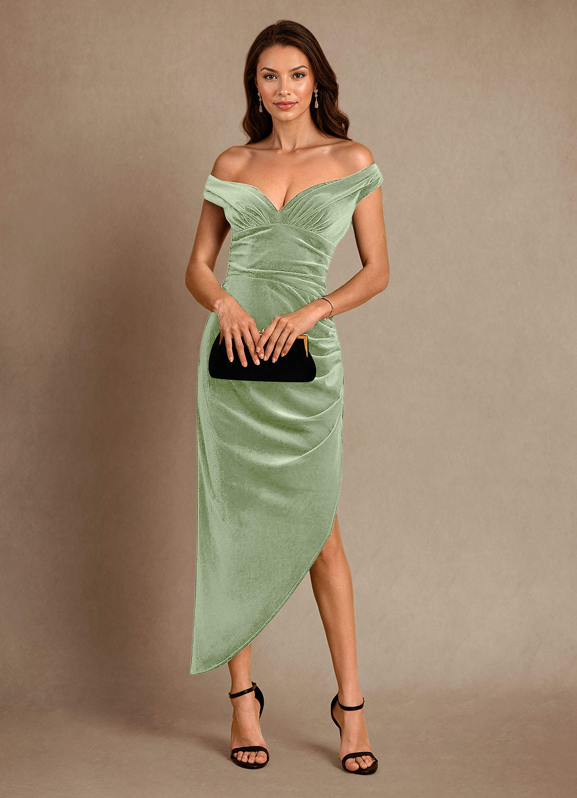 Azazie Nabila Mother of the Bride Dresses Dusty Sage Column Off the Shoulder Velvet Dress image1
