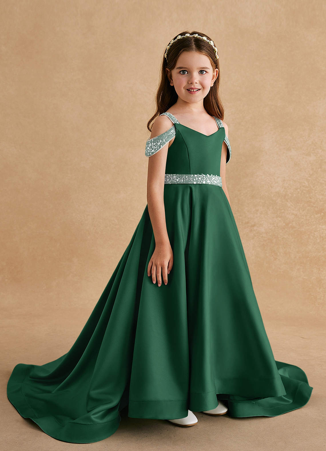 Azazie A-Line/Princess V-Neck Chapel Train Tulle Flower Girl Dresses - Dark Green