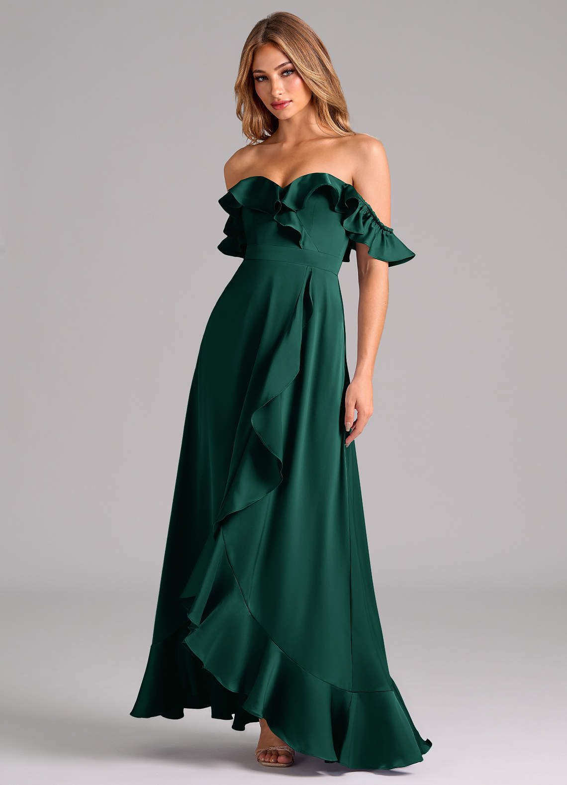 Azazie Lyra Bridesmaid Dresses Emerald A-Line Off the Shoulder Stretch Satin Convertible Dress image3