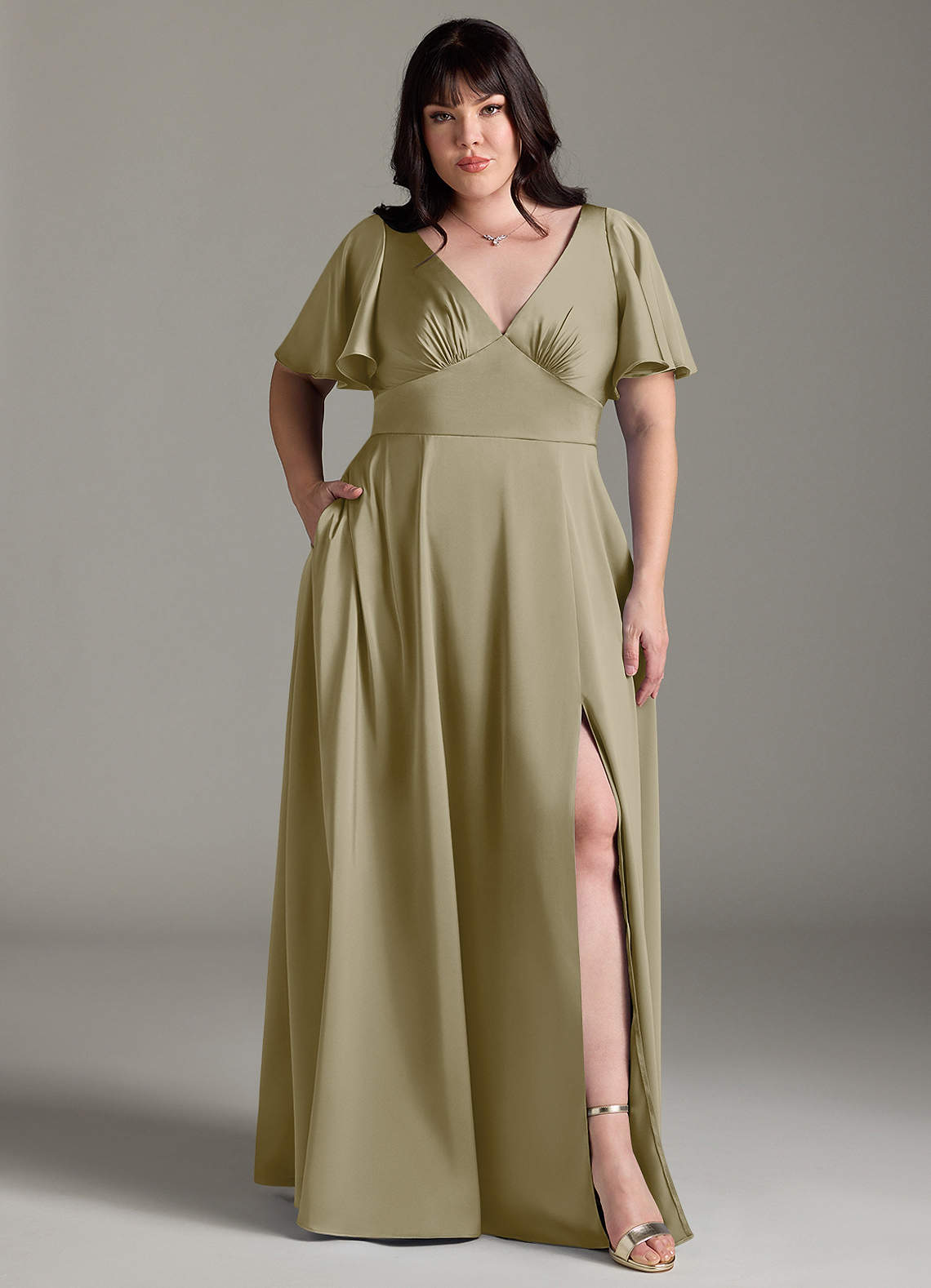 Azazie Kimber Bridesmaid Dresses Moss Green A-Line Ruched Stretch Satin Dress image1