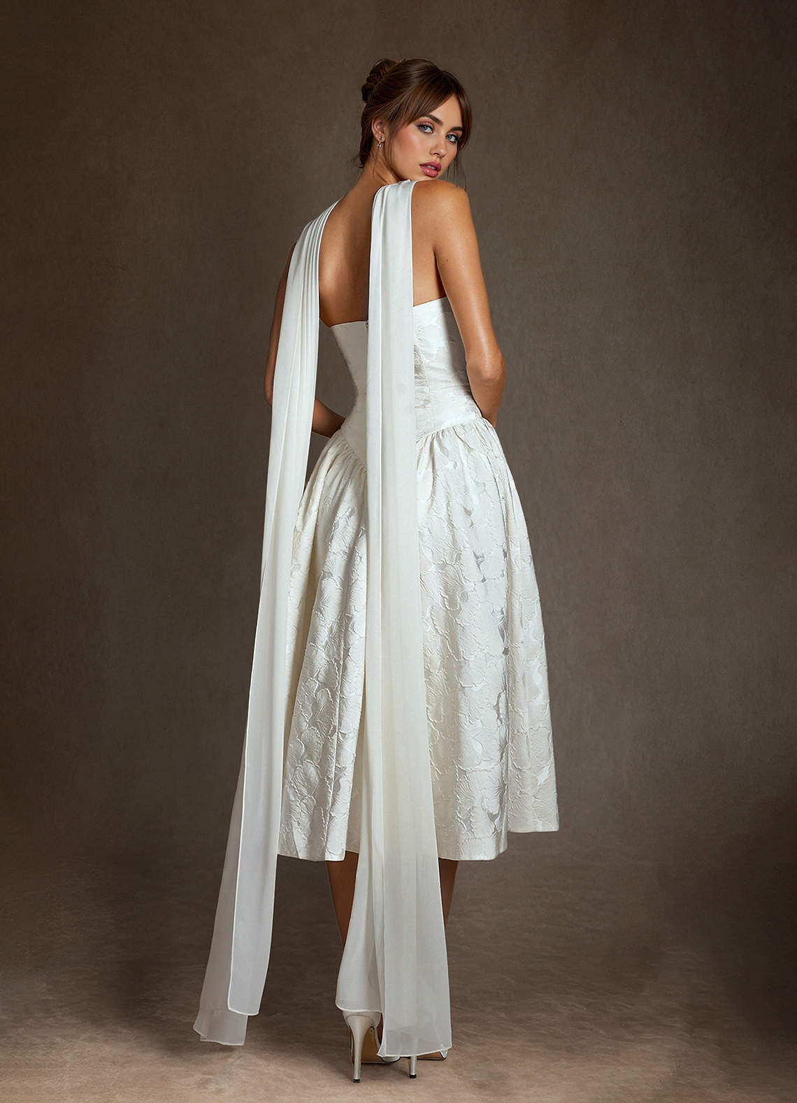 Azazie Devam Wedding Dresses Diamond White A-Line Strapless Floral Jacquard Dress image4