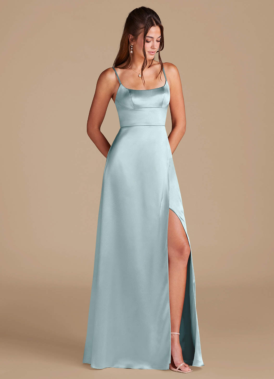 Azazie Halsey Bridesmaid Dresses Mist A-Line Side Slit Metallic Satin Dress image1