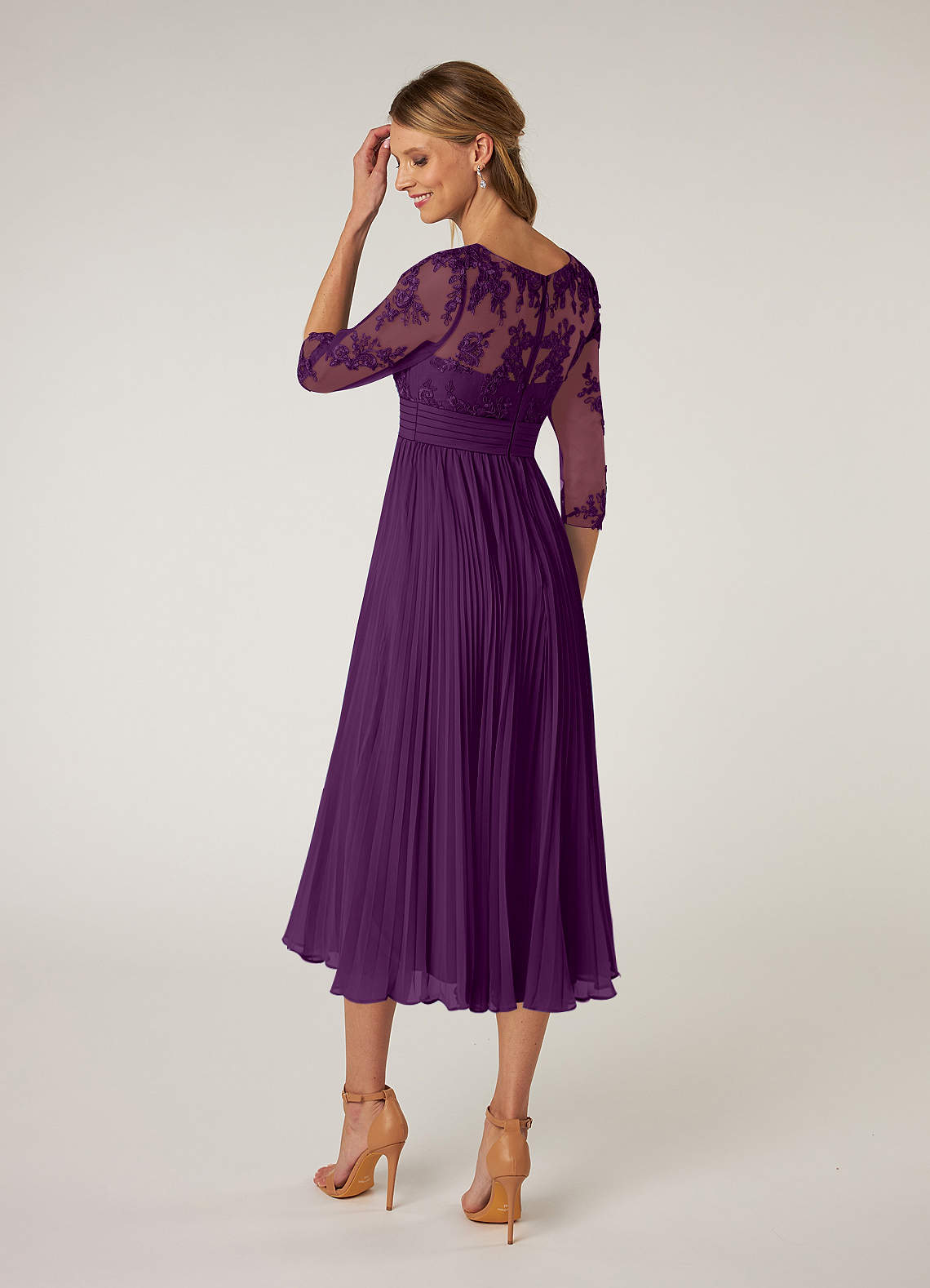Azazie A-Line/Princess Boat Neck Tea-Length Lace Mother of The Bride or Groom Dresses - Grape