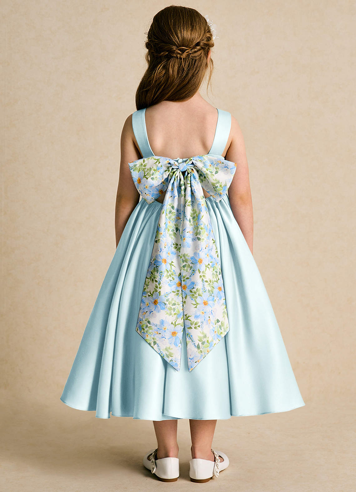 Azazie Doodlebug Flower Girl Dresses Sea Glass A-Line Bow Matte Satin Dress image1