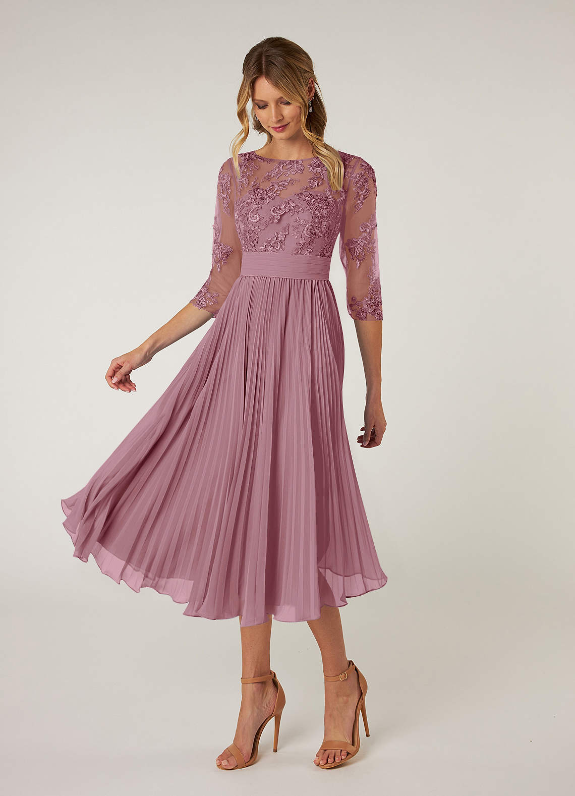 knee length dresses for ladies Mauve Floral Lace Smocked Maternity Midi Dress – PinkBlush main image 1