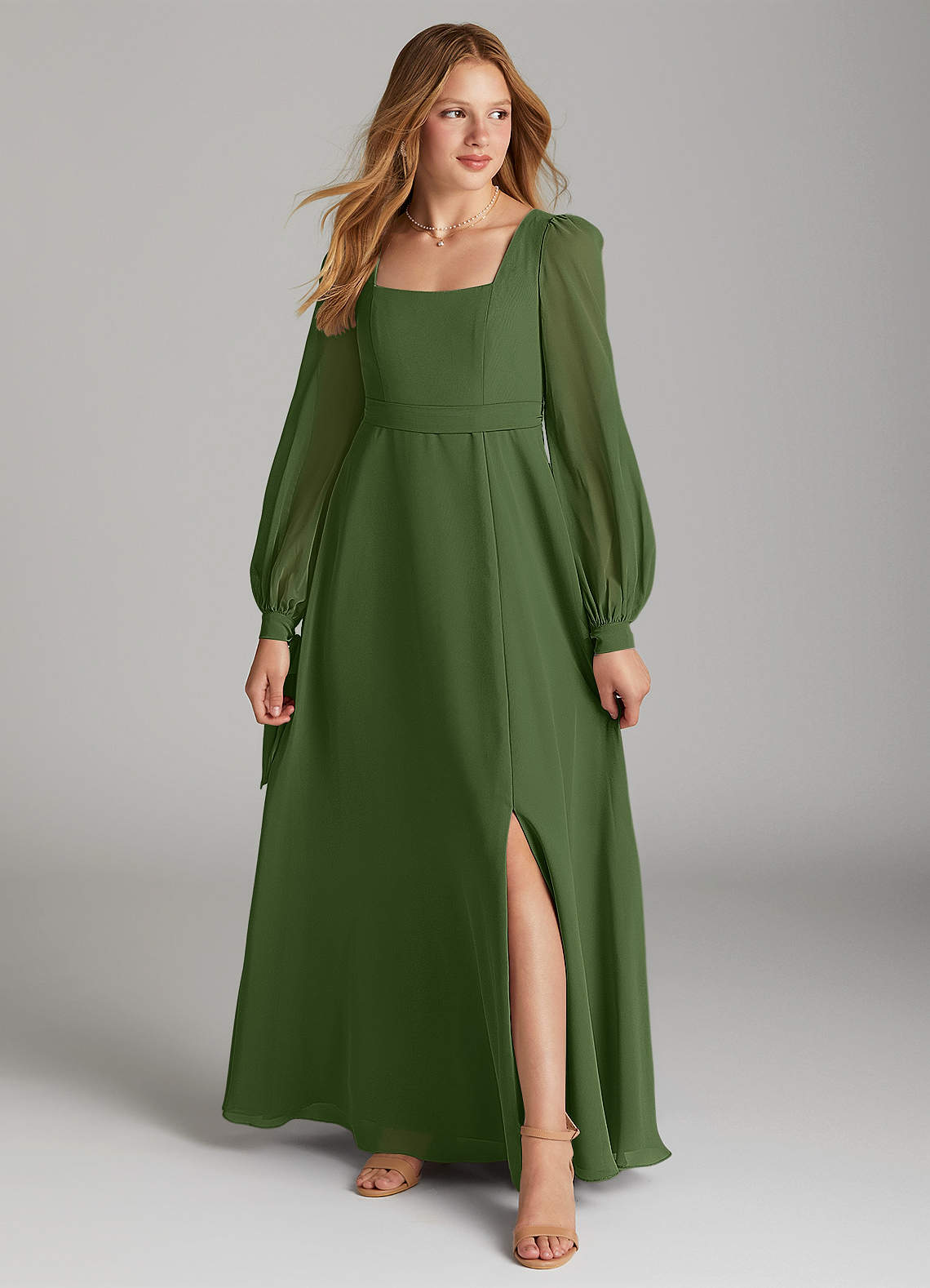 Azazie A-Line/Princess Square Neck Floor-Length Chiffon Junior Bridesmaid Dresses - Olive Azazie A-Line/Princess Square Neck Floor-Length Chiffon Junior Bridesmaid Dresses - Olive