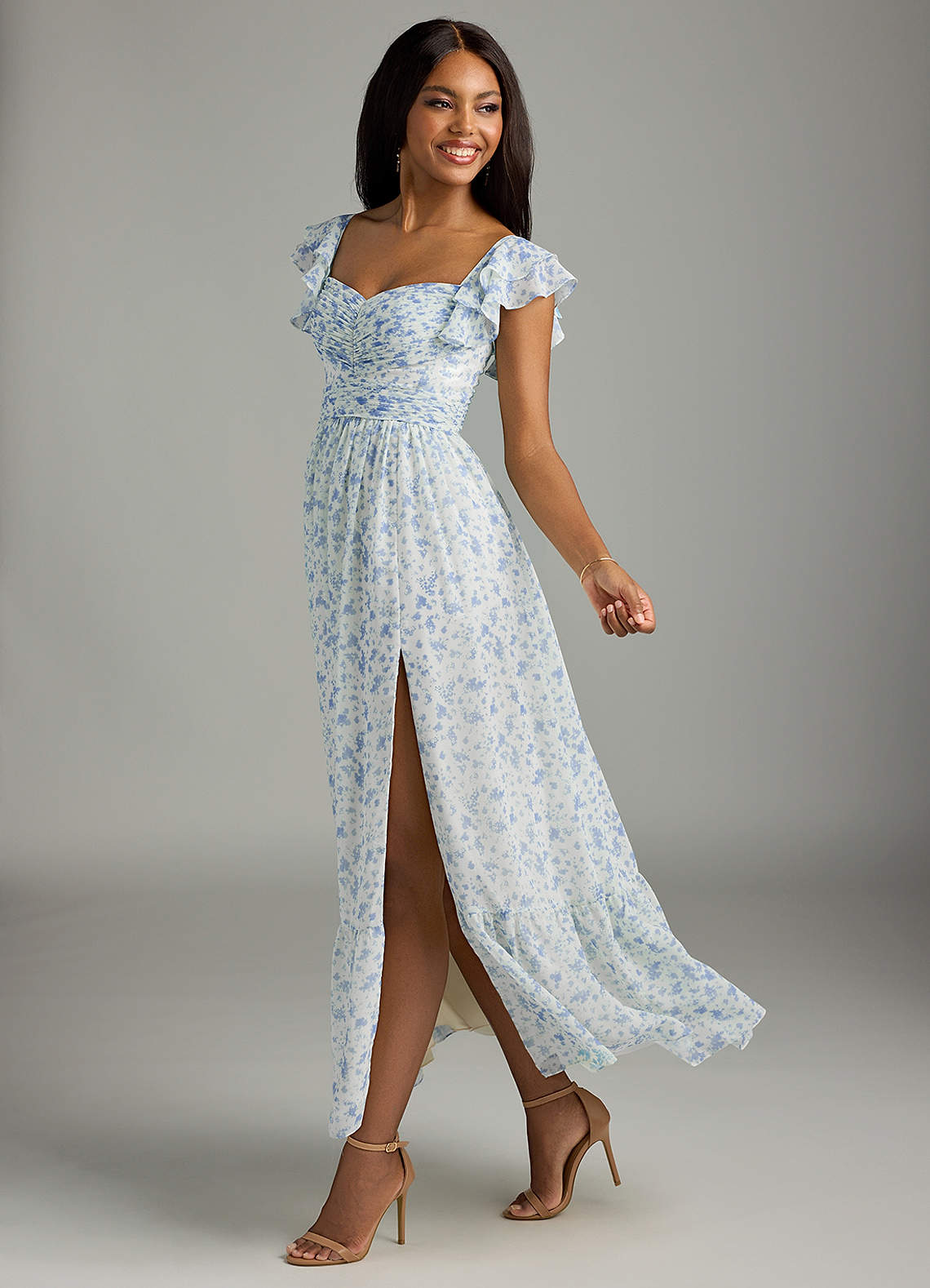 Azazie Anaya Bridesmaid Dresses Blue And White Ditsy Floral A-Line Pleated Chiffon Dress image1