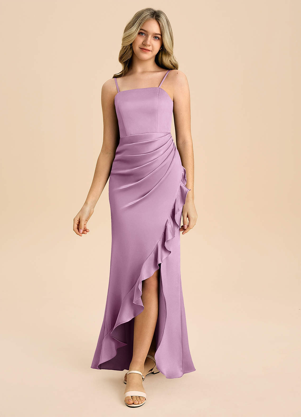 Azazie Buzzy Junior Wisteria Sheath Pleated Stretch Satin Dress image4