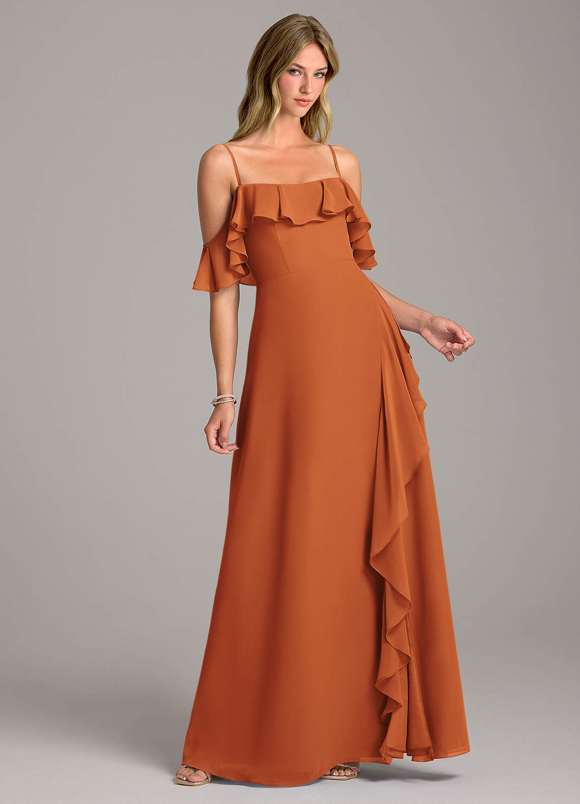 Azazie Aubrie Bridesmaid Dresses Cinnamon A-Line Off the Shoulder Chiffon Dress image1
