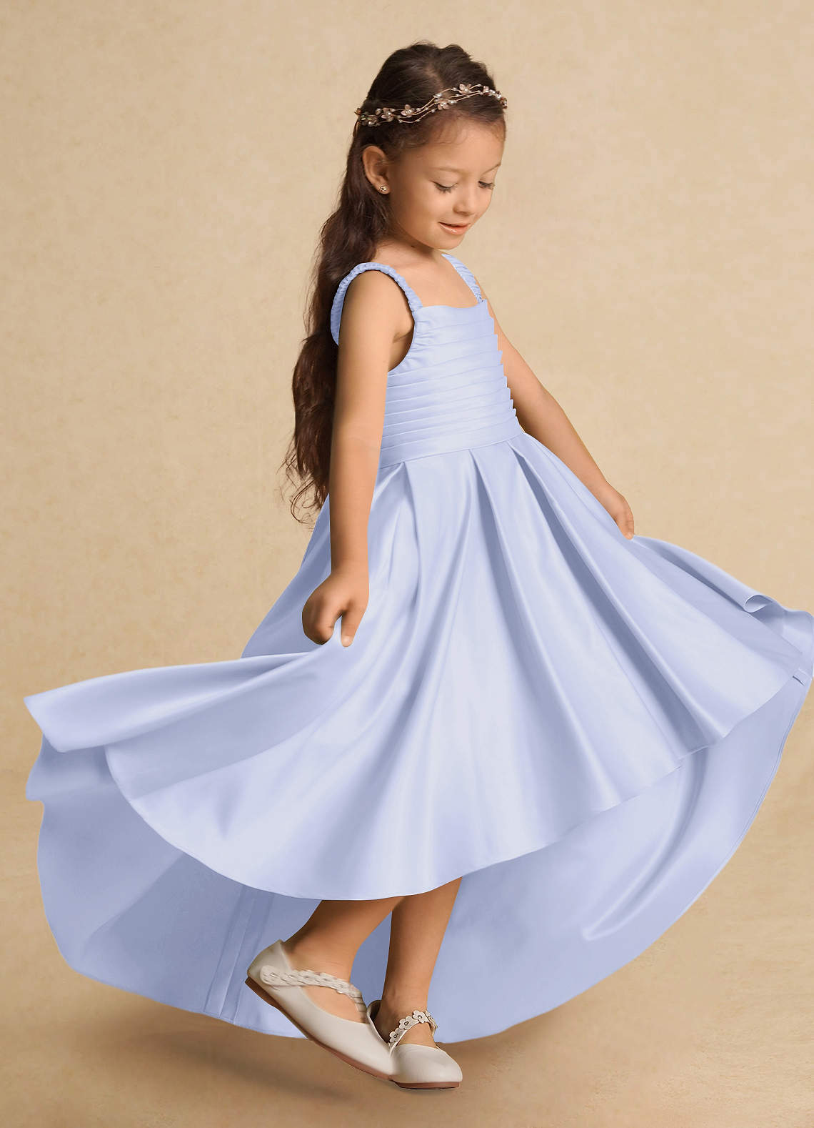 Azazie Kat Flower Girl Dresses Lavender A-Line Pleated Matte Satin Dress image1