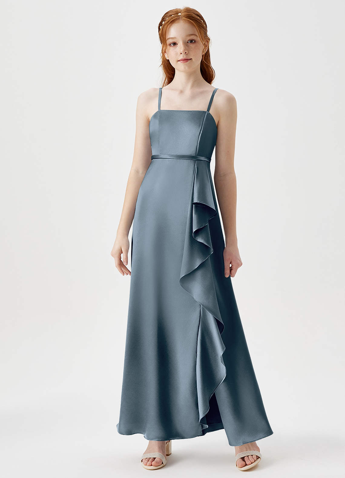 Azazie Kaylee Junior Twilight A-Line with Belt Metallic Satin Dress image1