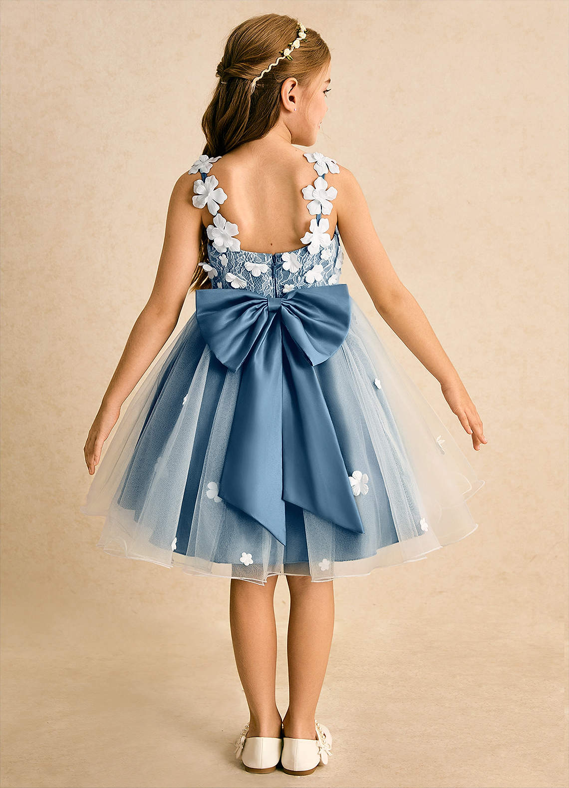 Azazie Junebug Robe Demoiselle D'honneur Fillette Robe Princesse en Tulle Dentelle Ivoire Bleu Bermudes image1