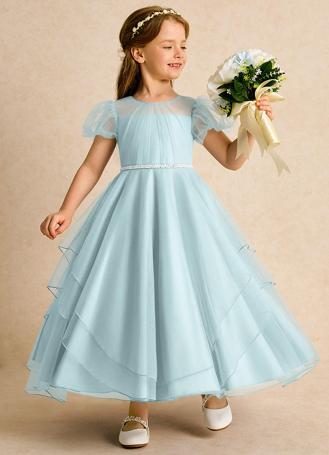 Azazie Duckie Flower Girl Dresses Mist Ball-Gown Pleated Tulle Dress image1