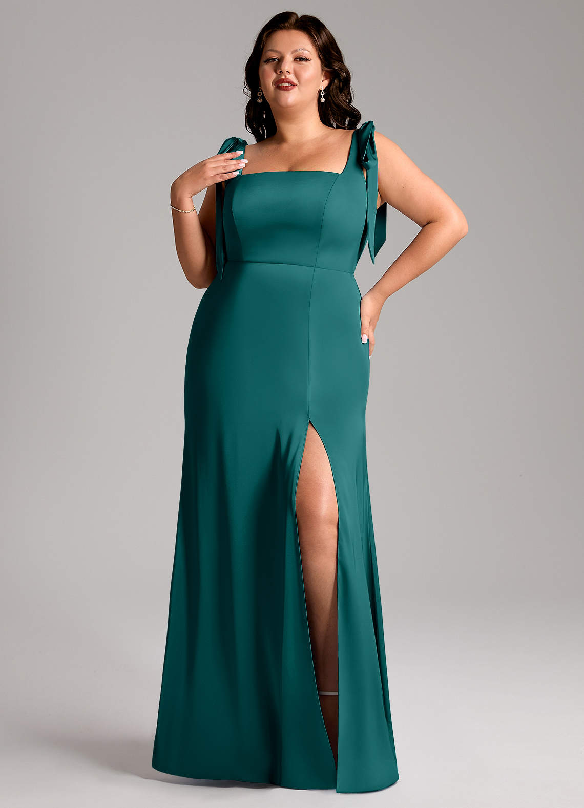 Azazie Frostine Bridesmaid Dresses Peacock A-Line Bow Stretch Satin Dress image1