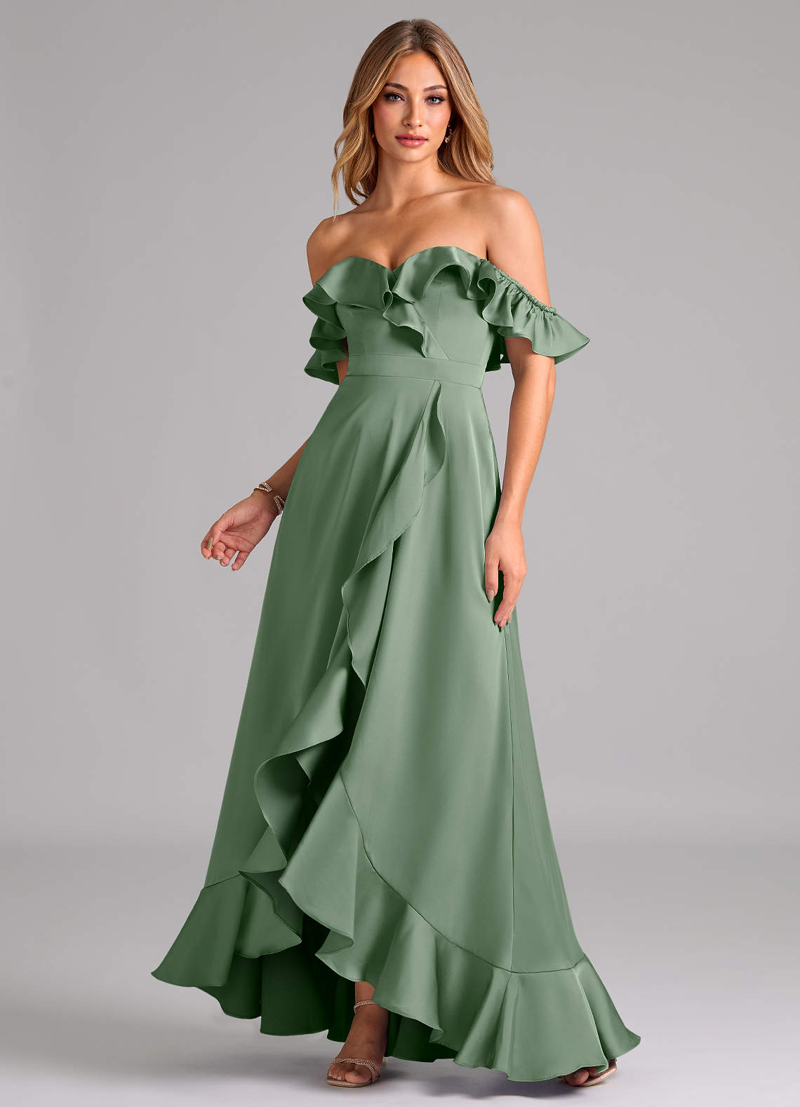 Azazie Lyra Bridesmaid Dresses Matcha A-Line Off the Shoulder Stretch Satin Convertible Dress image1