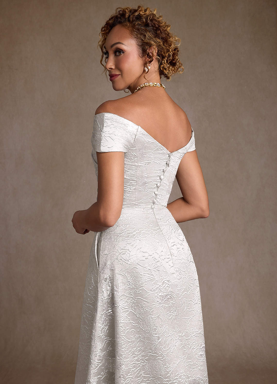 Azazie Lacey Silver Jacquard A-Line Off the Shoulder Floral