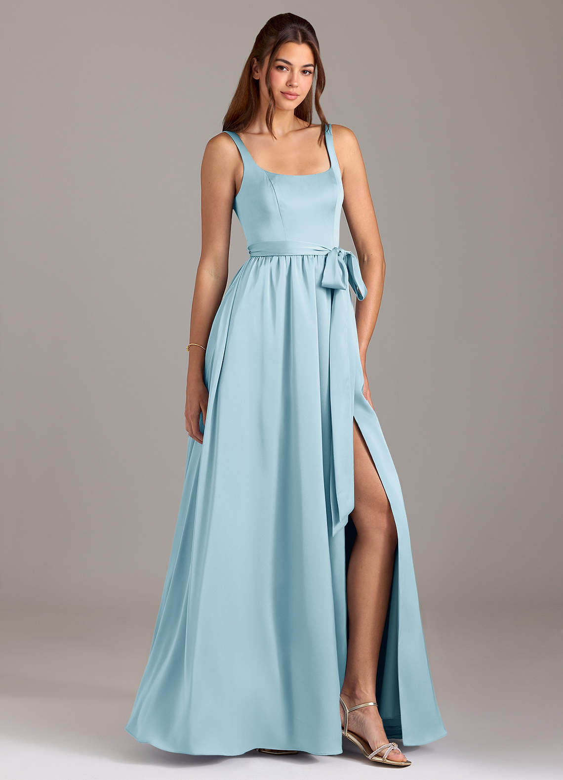 Azazie Elliott Bridesmaid Dresses Sky Blue A-Line with Pockets Stretch Satin Dress image1