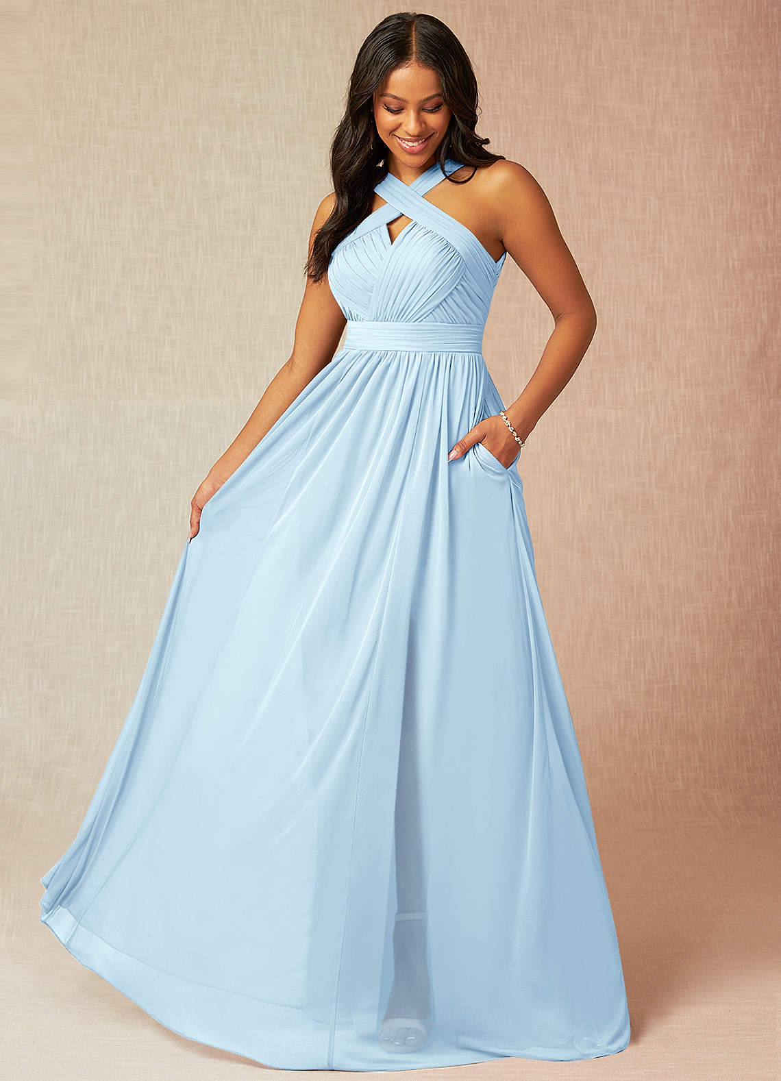 Azazie Hillian Bridesmaid Dresses Sky Blue A-Line Halter Pleated Mesh Dress image1