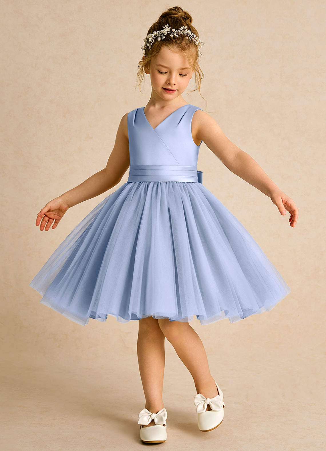Azazie Tadpole Flower Girl Dresses Ice A-Line Pleated Matte Satin Dress image1