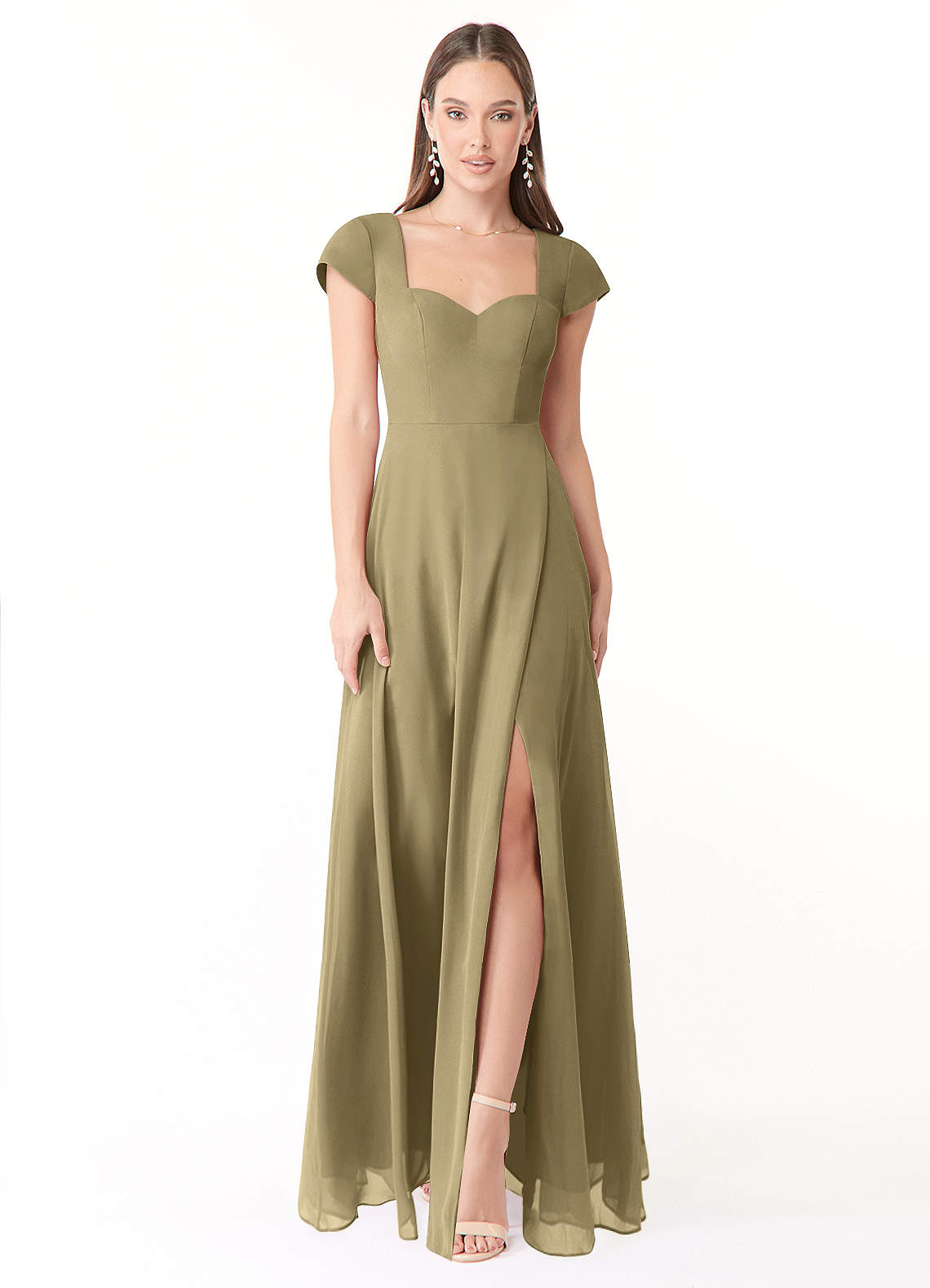 Azazie Hainsly Robes de demoiselle d'honneur Robe Trapèze en Mousseline de soie Encolure en Forme de Cœur Vert Mousse image1